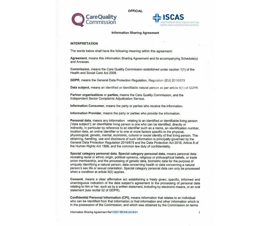 Information sharing with regulator - England (CQC)