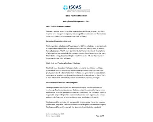 ISCAS Position Statement on Complaints Management: Fees